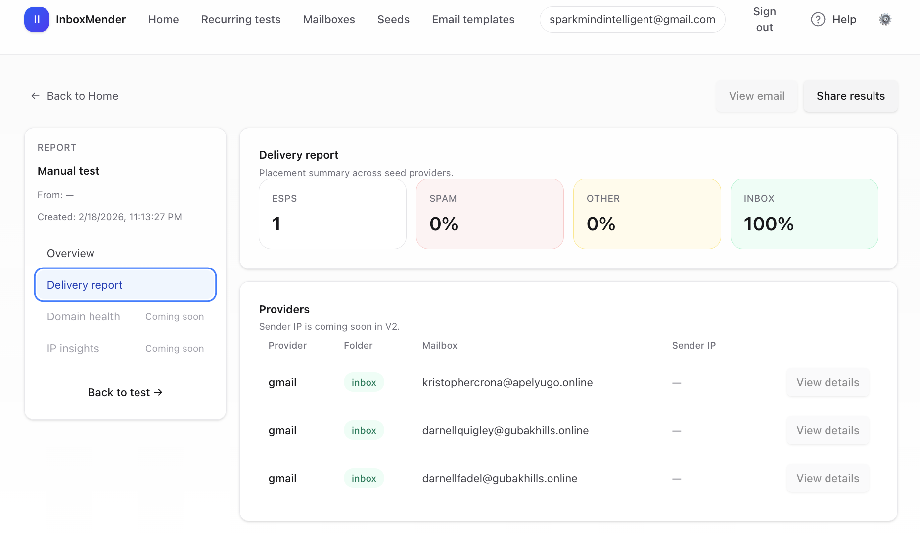 Delivery report screenshot